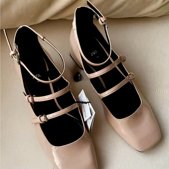Zara NWT Beige tan multi strap square toe patent Mary Jane block heels - Picture 6 of 9